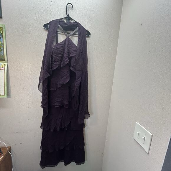 Daymor Couture 3451 Embellished Halter Layered Evening Dress Purple Silk SZ 10 - Picture 2 of 12